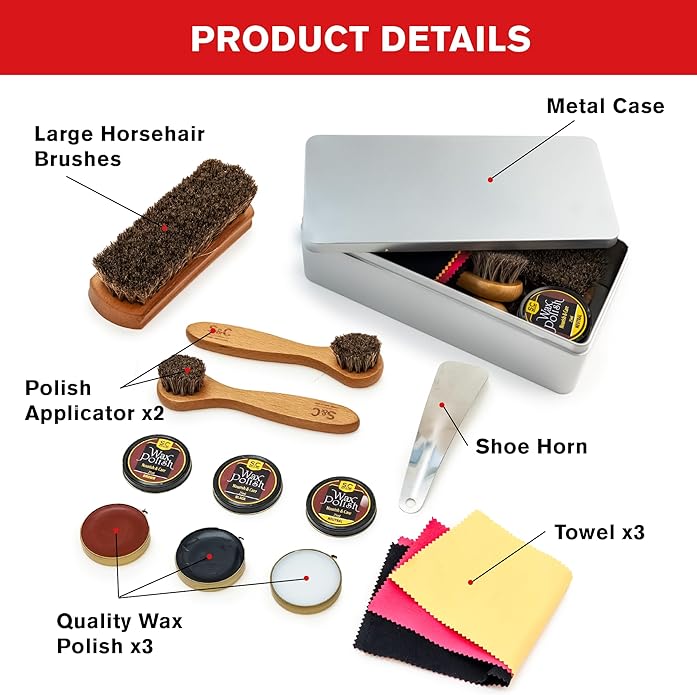 Stone and Clark Leather Shoe Shine Kit - 13 PCS Shoe Polish Kit for Complete Leather Boot Care, Compact & Travel Friendly