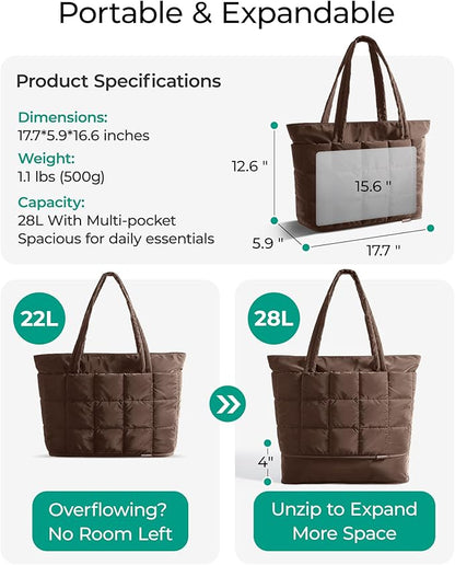 BAGSMART Expandable Tote Bag for Women, Puffer Work Tote Handbag, Quilted Carry On Bag for Travel Gym