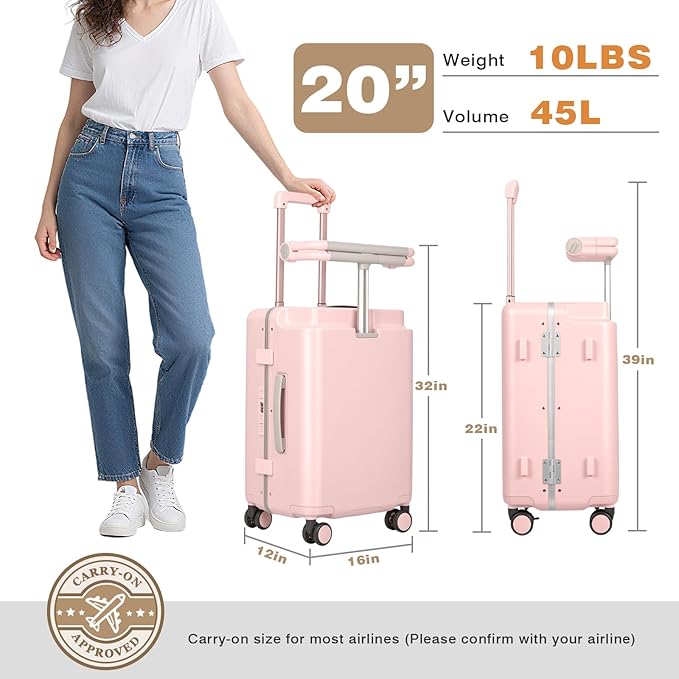 Kids Ride-On Luggage with Adjustable Safety Seat, 20 Inch Carry On Suitcase with 360° Silent Wheels, Cup & Tablet Holder, TSA Lock, For Toddlers to Adults, 200lbs Support, Lightweight Travel Suitcase