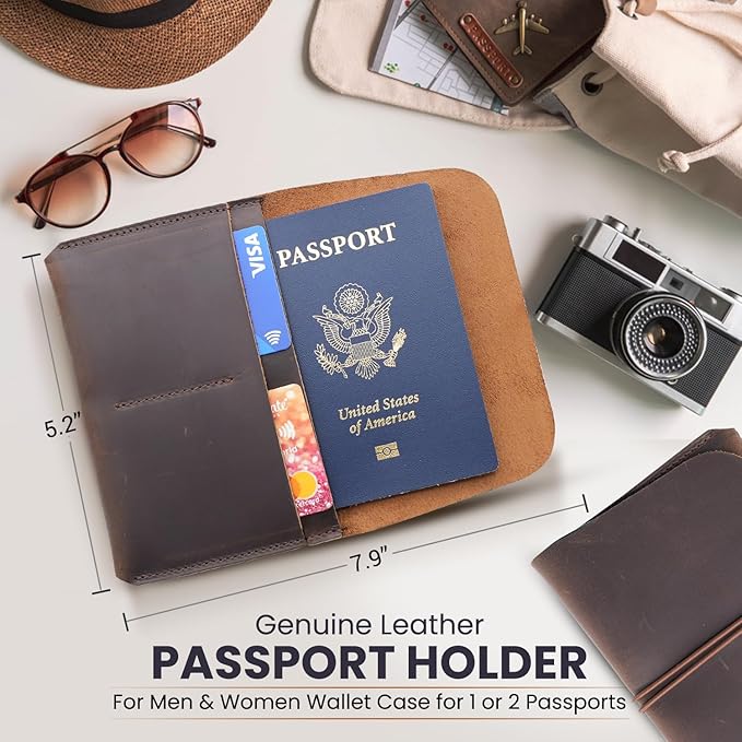 Leather Passport Holder with Travel Wallet, Genuine Leather Passport Cover- Passport Wallet, Leather Folding Wallet for Passports (Strap, Dark Brown)