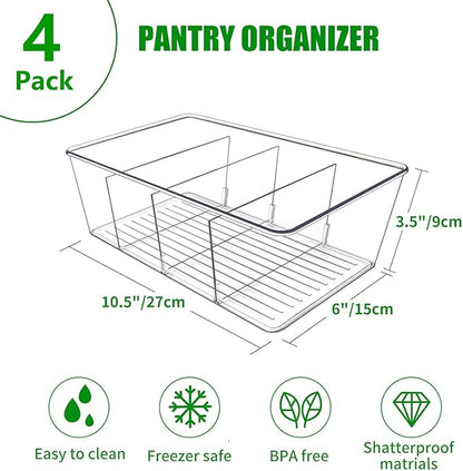 4 Pack Pantry Organizers,Clear Plastic Organizer Bins for Kitchen,Fridge,Drawer Organization and Storage, 4 compartment Snack Containers for Spice Packets,Tea bag