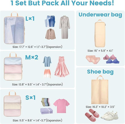 Cambond Compression Packing Cubes for Travel Women - Expandable Travel Bags Luggage Organizers Travel Essentials Compression Cubes for Travel Carry on Suitcases Organizer