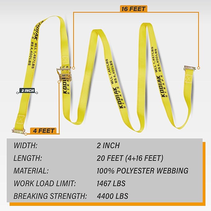 2 Pack E-Track Ratchet Straps 2" x 20' x 4,400 lbs Strength for Cargo Tie Down in Enclosed Trailer & Van by KODIAK STRAPS