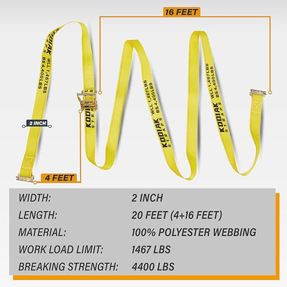 8 Pack E-Track Ratchet Straps 2" x 20' x 4,400 lbs Strength for Cargo Tie Down in Enclosed Trailer & Van by KODIAK STRAPS