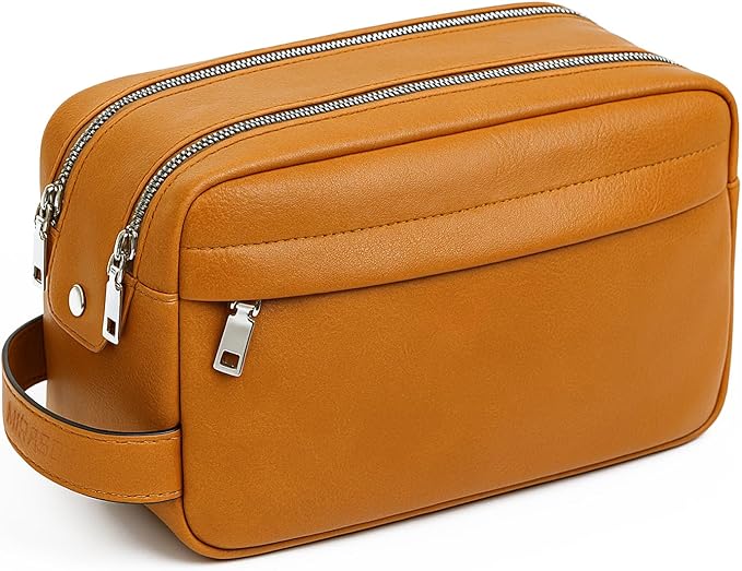 MIRASON Travel Toiletry Bag for Men Leather Travel Bag for Toiletries, Dopp Kit Water-resistant Shower Bag for Shaving Bathroom Organizer Gifts for Men, Brown