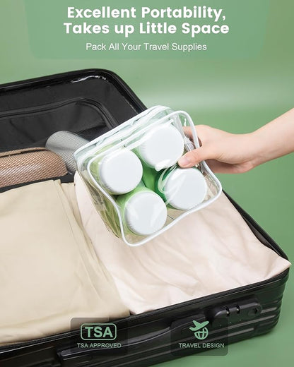 Travel Size Toiletries 8 Pack, TSA Approved 3oz Silicone Squeeze Bottles & Cream Jars with Clear Travel Bag