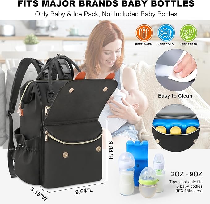 PIIOSER Diaper Bag Tote with Ice Pack, Large Capacity & Waterproof Bag Travel Backpack for Moms Dads, Insulated Insulated Baby Cooler Bag with Changing Pad, Stroller Straps & Pacifier Case, Black