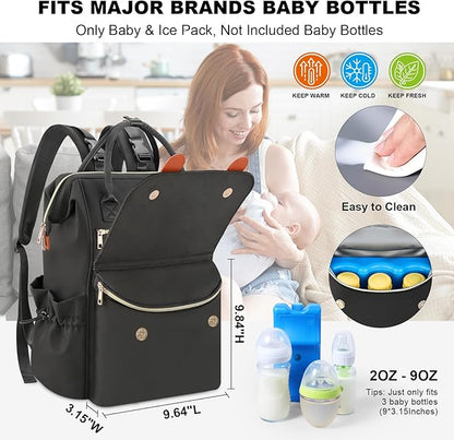 PIIOSER Diaper Bag Tote with Ice Pack, Large Capacity & Waterproof Bag Travel Backpack for Moms Dads, Insulated Insulated Baby Cooler Bag with Changing Pad, Stroller Straps & Pacifier Case, Black