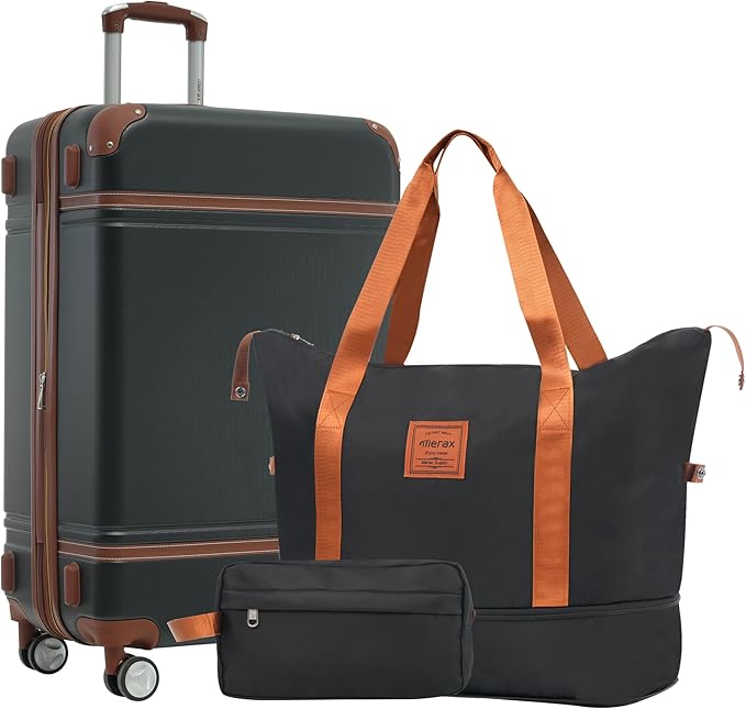 Merax Luggage Set,24 IN Hardside Suitcase with Duffel Bags,3 Piece Expandable Luggage with Spinner Wheels, Vintage Luggage with TSA Lock Lightweight,(Black)
