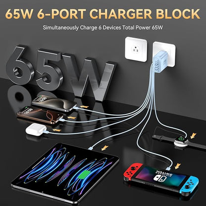 USB C Fast Charger Block, iPhone Charger Fast Charging Blocks 65W Multi Port Charger 6-Ports PD & QC Charging Cube Brick Power Adapter Type C Wall Chargers for iPhone 17/16/15/14/13/12 Pro Max, iPad