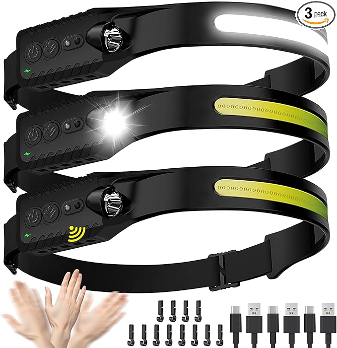 Headlamp Rechargeable (3-Pack), LED Head Lamp Flashlight, 230° Wide Beam Headband Light, 400 Lumen Super Bright, Waterproof Headlight, 5 Modes for Running, Fishing, Hiking, Camping