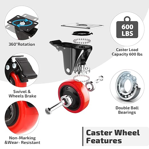 Nefish 2 Inch Heavy Duty Casters Wheels (16 Pack), Top Plate Castor Wheels with Brake, 360 Degree Durable Locking Swivel Cabinet Wheels, No Noise Polyurethane Wheels for Cart, Workbench