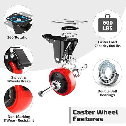 Nefish 2 Inch Heavy Duty Casters Wheels (16 Pack), Top Plate Castor Wheels with Brake, 360 Degree Durable Locking Swivel Cabinet Wheels, No Noise Polyurethane Wheels for Cart, Workbench