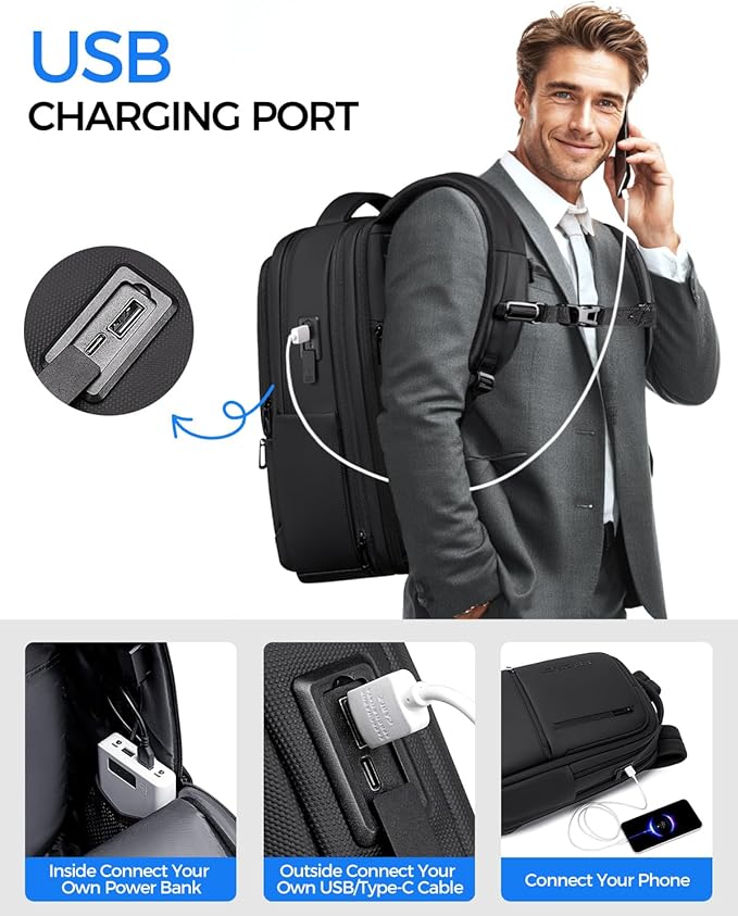 Expandable Travel Laptop Backpack, 15.6 Inch Computer Backpack with USB Charging Port, Water Resistant Black Mens Laptop Bag