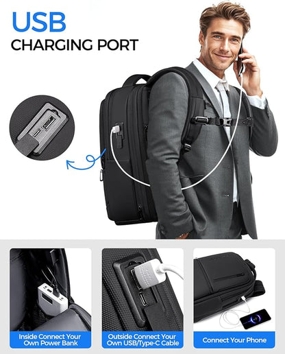 Expandable Travel Laptop Backpack, 15.6 Inch Computer Backpack with USB Charging Port, Water Resistant Black Mens Laptop Bag