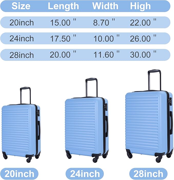 Travelhouse Luggage Sets Hardside Suitcases 24in/28in, Carry on 20in,3 Piece Set Travel Luggages Clearance with Double Spinner Wheels TSA Lock Lightweight (light blue)