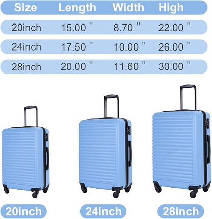 Travelhouse Luggage Sets Hardside Suitcases 24in/28in, Carry on 20in,3 Piece Set Travel Luggages Clearance with Double Spinner Wheels TSA Lock Lightweight (light blue)