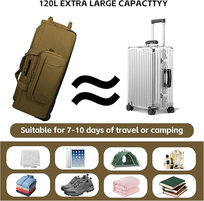 120L 3-Wheel Rolling Duffle Bag - Heavy Duty Military Deployment Bag, Durable Wheeled Duffle Luggage for Travel, Camping & Outdoor Adventures