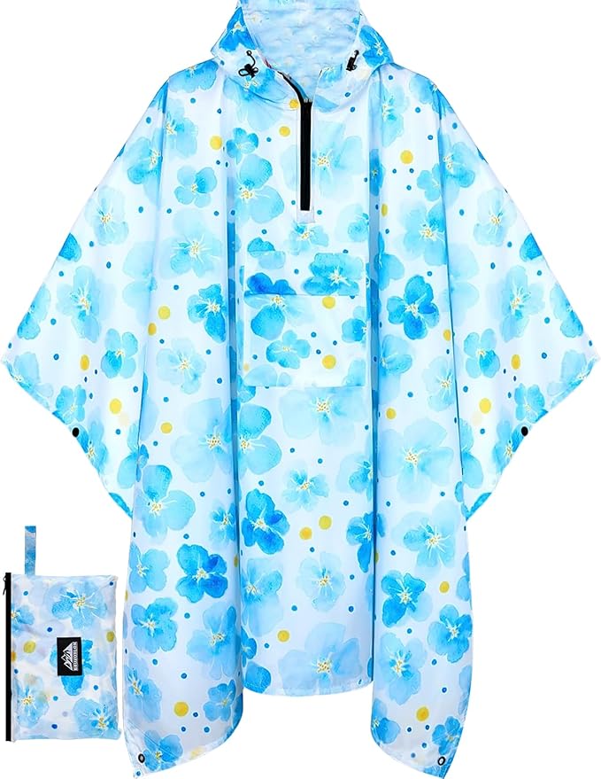 Bruvoalon 3-in-1 Rain Poncho with 1/4 Zip & Chest Pocket, Waterproof, Sunshade, Ground Mat for Adults & Youth Emergency