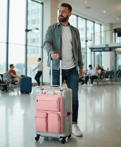 Over Luggage Organizer Bag for Suitcase with Multi Pockets, 16” Laptop Bag with Handle,Portable Travel Organizer Bags for Luggage with Adjustable Straps,Tote Carry Bag for Women Men(Pink)