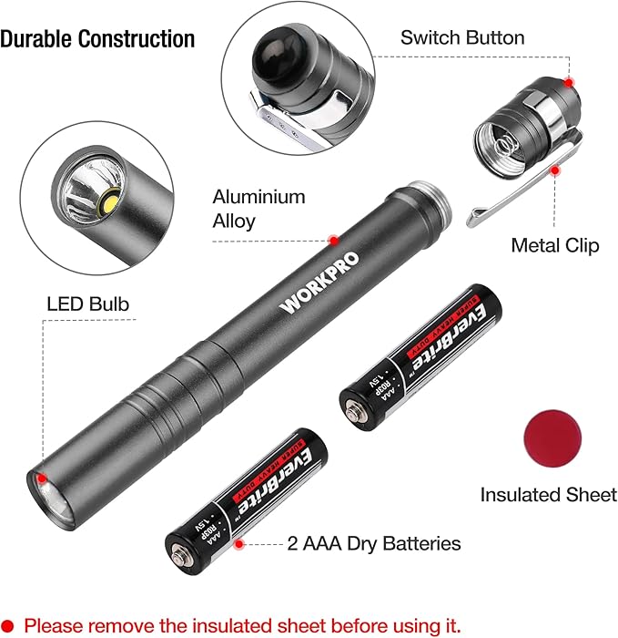 WORKPRO LED Pen Light, Aluminum Pen Flashlights, Pocket Flashlight with Clip for Inspection, Emergency, Everyday, 2AAA Batteries Include, Gray(4-Pack)