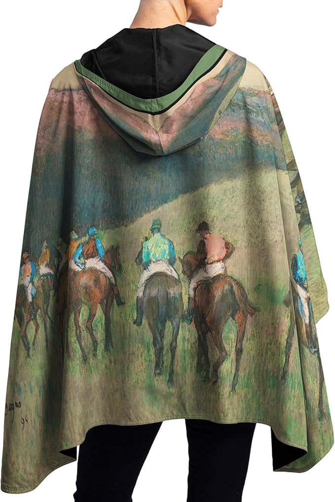 RainCaper Degas Racehorses in a Landscape (1894) Womens Rain Cape Poncho with Hood Reversible