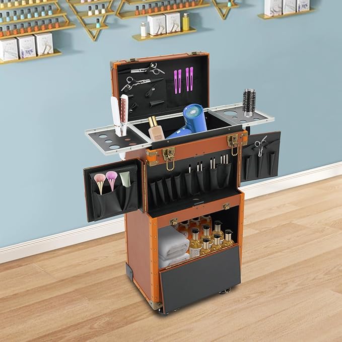 Beauty Rolling Makeup Train Case, Professional Lockable Rolling Salon Luggage, Retro-Rolling Cart Storage Organizer Trolley Make Up Case, 4 Universal Wheels, Retractable Rod, Buckle (Coffee Color)