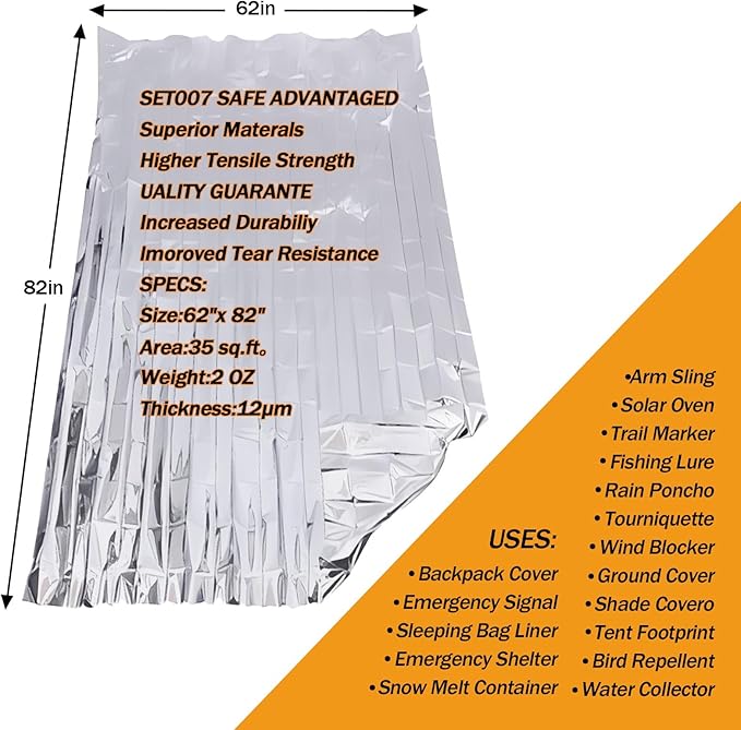 12-Pack Emergency Mylar Thermal Blankets, 82"x62" Space Blankets Foil Blanket, XL Camping Blanket for Outdoors, Hiking, Survival kit, Bug Out Bag，Marathons or First Aid, Silver