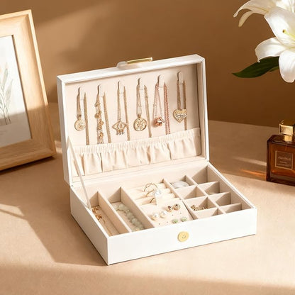 Portable Jewelry Organizer Box with Leather Strap Single Layer Storage for Earrings, Necklaces, Rings Travel Jewelry Case for Women White