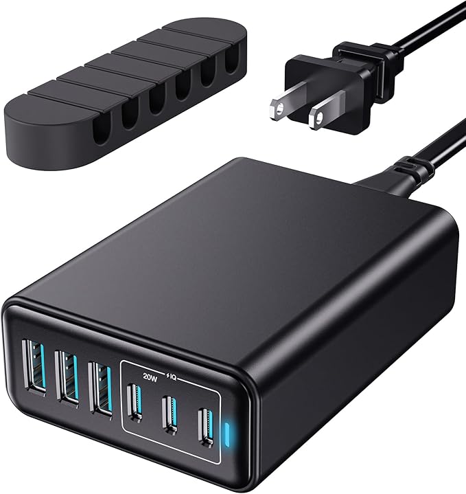 USB C Charger Block, 105W Max GaN 6-Port Fast Desktop Charging Station, Wall Charger Power Strip Adapter Plug for iPhone 17/16/15, iPad, Samsung and More (Cable Organizer Included)
