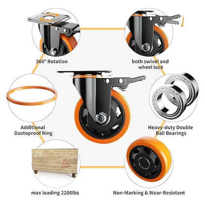 3 Inch Caster Wheels, Casters Set of 4, Heavy Duty Casters with Brake 1000 Lbs, Locking Industrial Swivel Top Plate Casters Wheels for Furniture and Workbench Cart(Two Hardware Kits Include)