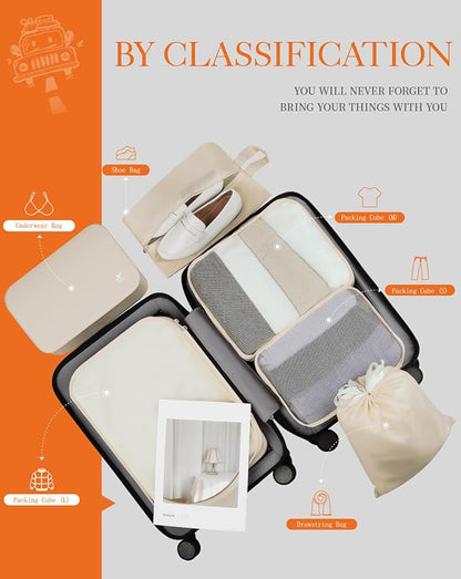 HOTOR Packing Cubes for Suitcases - 6 Pieces, Light Packing Cubes for Travel, Premium Suitcase Organizer Bags Set, Space-Saving Luggage Organizers, Travel Accessories and Essentials, Beige