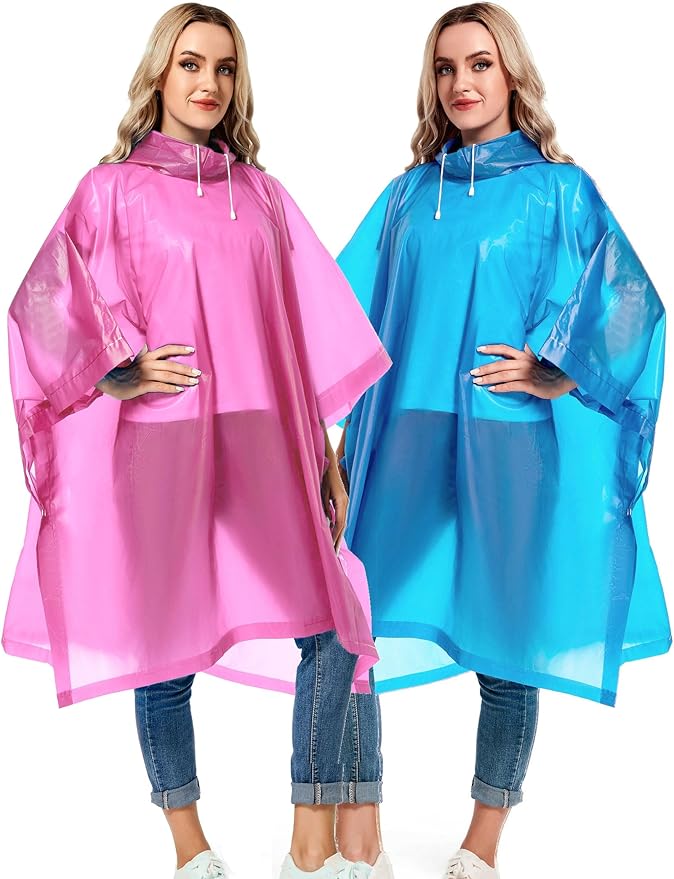 2 Pack Rain Ponchos for Adults Reusable - Raincoats Survival Emergency Heavy Duty Rain Coat with Drawstring Hood