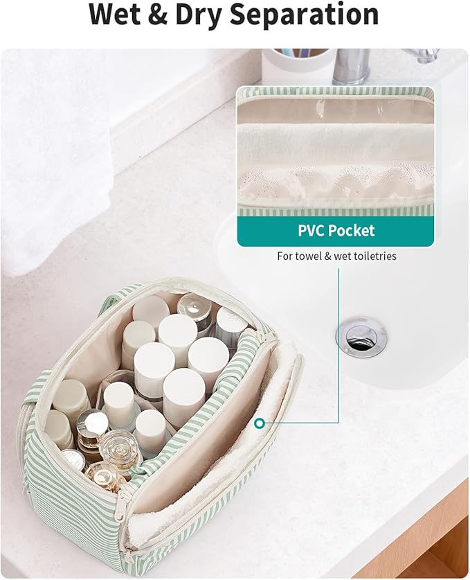Narwey Large Travel Toiletry Bag, Wide-open Travel Bag for Toiletries, Toiletry Bags for Traveling Women, Cosmetic Make Up Makeup Bag Organizer with Wet Pocket, Shower Skincare Bag (Mint Green Stripe)