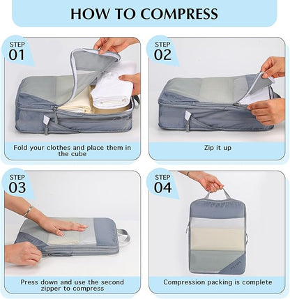Lightweight Compression Packing Cubes for Suitcases, Compressible Expandable Travel Packing Organizer with Clear Toiletries and Backpack Bag, Travel Essentials for Carry on Luggage 7 Set