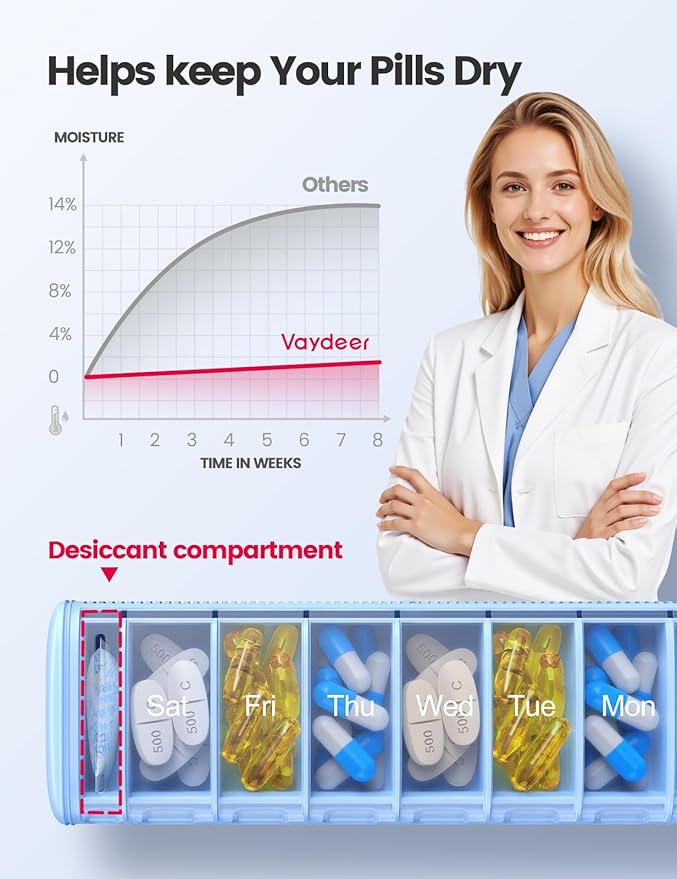 Vaydeer Metal Travel Pill Organizer – Compact Weekly Pill Box for Daily Medication – Portable Small Pill Case for Vitamins, Pills & Supplements (Purple)