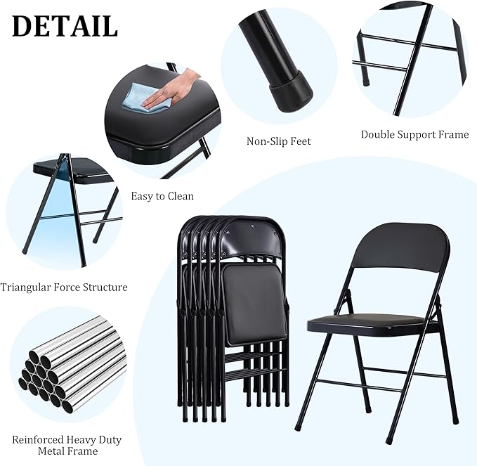 4 Pack Black Folding Chairs with Padded Cushion and Back, Portable Heavy Duty Metal Frame Commercial Seat with 330-LBS Capacity, Foldable Indoor Outdoor Chairs for Office Party Events Kitchen Dinning