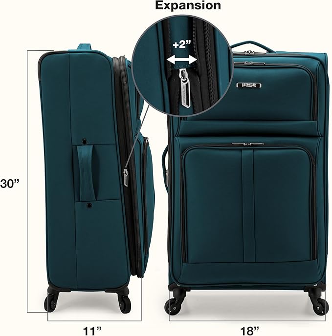 U.S. Traveler Anzio Softside Sturdy Ballistic Nylon Expandable Travel Suitcase Luggage with 4 Spinner Wheels, Teal, Checked-Large 30-Inch