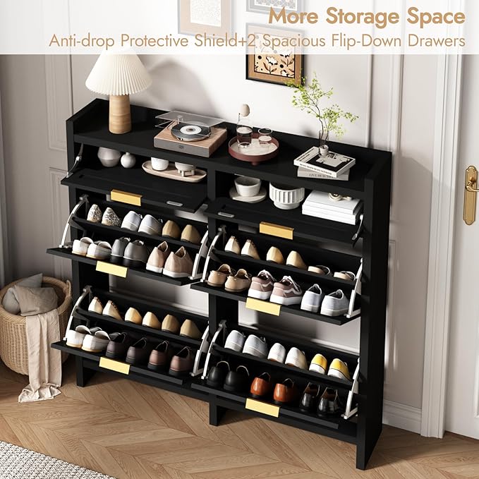Large Rattan Shoe Storage Cabinet with 4 Flip Drawers & 2 Storage Drawers – Hidden Slim Shoe Organizer for Entryway, Large Tabletop Space, Farmhouse Boho Narrow Shoe Rack, Rustic Black