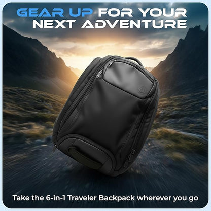 6-in-1 Traveler Backpack – Convertible Carry-On Travel Bag, Expandable 40–55L Storage, Ergonomic Design with Drink Holders & Padded Laptop Pocket, Weather-Resistant Ballistic Nylon, Black