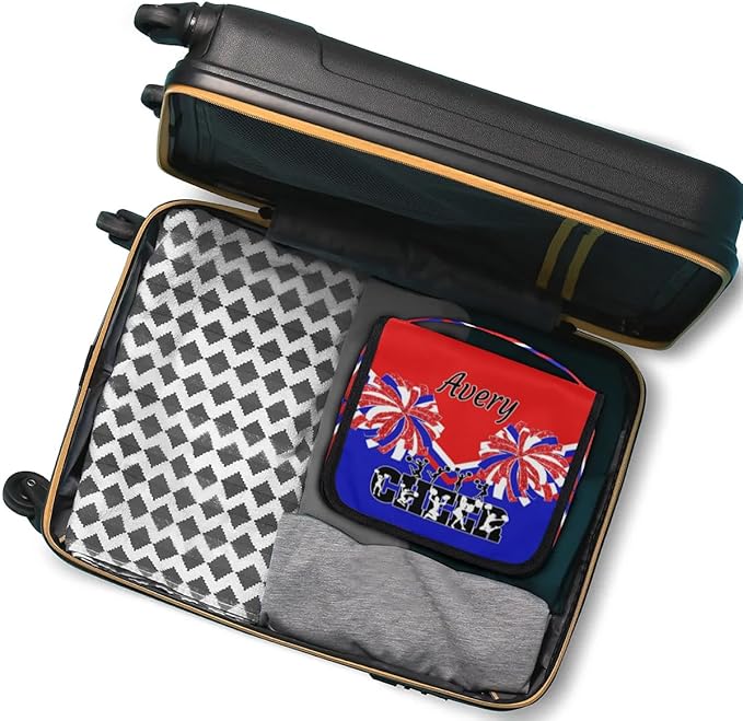Custom Name Toiletry Bag Travel Bag with Hanging Hook, Makeup Cosmetic Bag Travel Full Sized Container Organizer for Shampoo, Toiletries. Red Royal Blue Black Cheerleader Silhouette