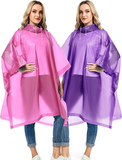 2 Pack Rain Ponchos for Adults Reusable - Raincoats Survival Emergency Heavy Duty Rain Coat with Drawstring Hood