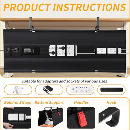 Under Desk Cable Management Tray, No Drill Desk Cord Organizer with Clamp, 48" Fabric Cable Management for Standing Desk Office & Home, Black