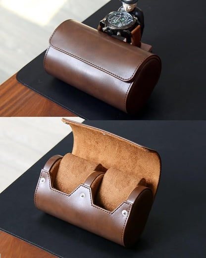 Watch Roll Travel Case for Men and Women with Suede Lining Portable 2 Slot Watch Display Storage and Organizer to Holder Large Watch (2 Slot Dark Brown)