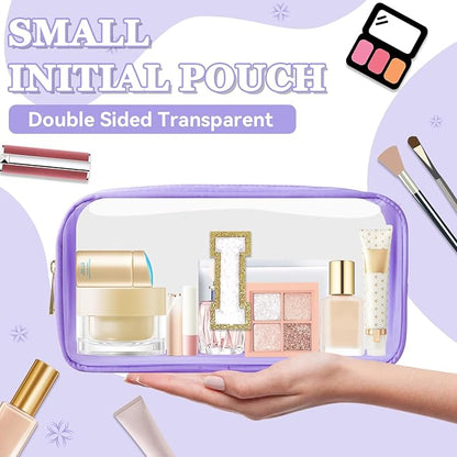 Small Clear Personalized Initial Makeup Bag,Nylon Preppy A-Z Chenille Letter Patch Cosmetic Pouch Beach Toiletry Bag,Waterproof Zip Travel Purse Storage Bag Organizer for Women Girls(Purple-White I)
