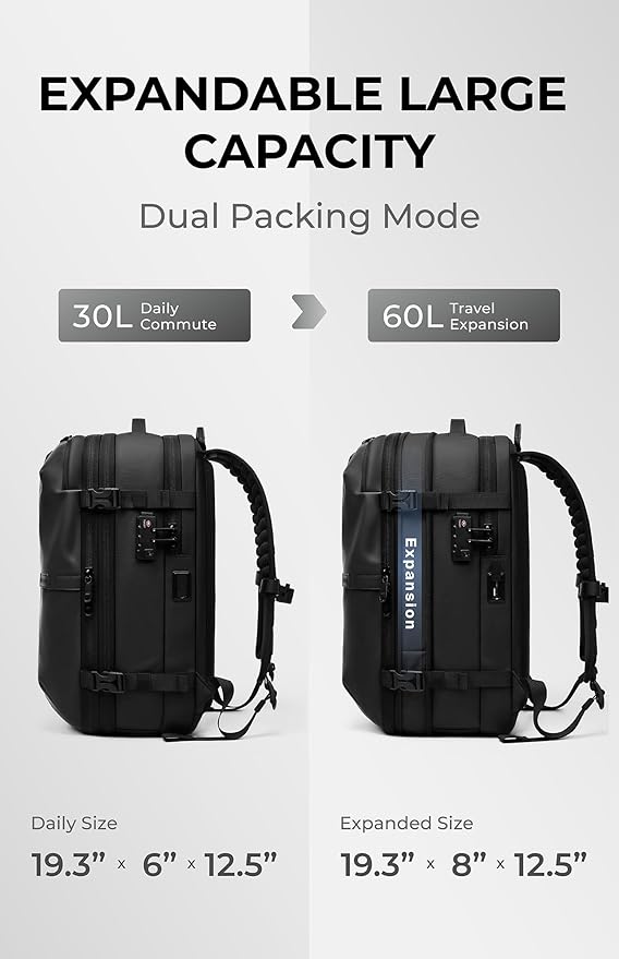AirVault Vacuum Seal Travel Backpack 60L with Expandable Vortex Air Compression Vacuum System Water Resistant TSA Lock (Vacuum Pump Included, Black, 60L)