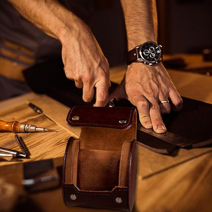 MR.OKAY Single Watch Travel Case- Classic Leather Watch Case With Superb Texture.Portable Watch Roll Or Organizer For Storage And Display. Men's Great Gift For Traveling, 100% Handmade by Artisans.