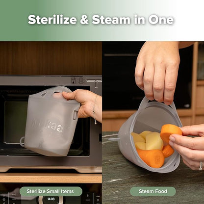 Haakaa Silicone Travel Microwave Steamer & Steriliser Bag, 30oz/900ml Reusable Silicone Steaming Bags for Baby Small Items, Pacifiers, Teethers or Baby Cups, Great for Home and On-The-Go, Grey/1PC