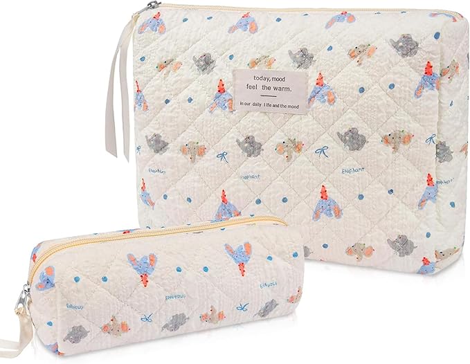 2PC Makeup Bag Set, Cute Cosmetic Bag for Women Girls, Floral Coquette Aesthetic Toiletry Bag, Travel Make Up Organizer Bag (Elephant)