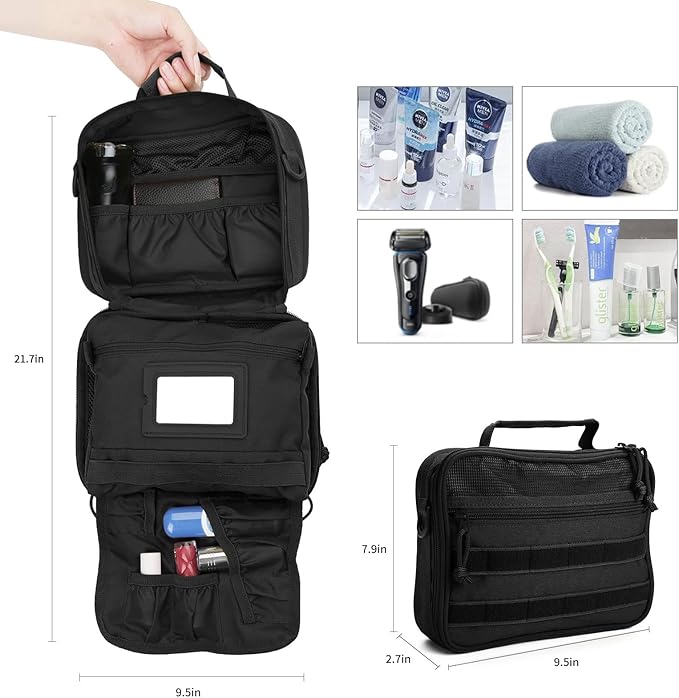 Tactical Toiletry Bag for Men Women, Travel Hanging Toiletry Bags, Toiletries Organizer Dopp Kit, Travel Cosmetic Bag,Shaving Hygiene Bag, Bathroom Essentials Men's Toiletry Bag for Camping - Black